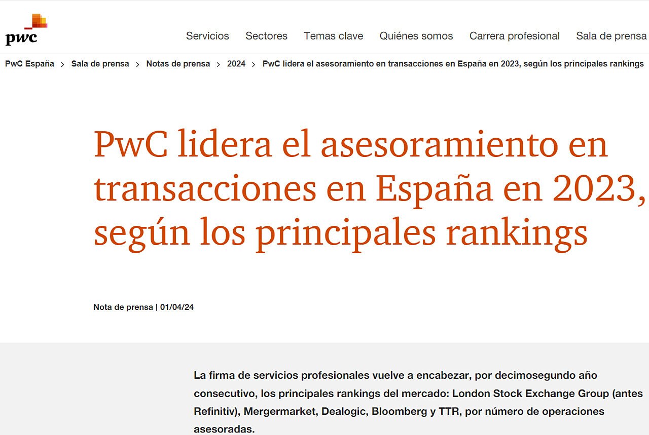 PwC lidera el asesoramiento en transacciones en Espaa en 2023, segn los principales rankings